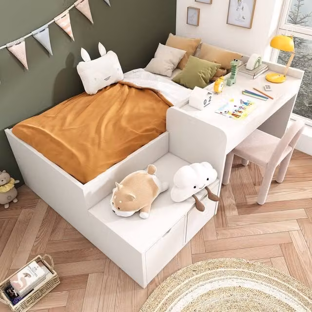 Rolipo Kids Single Bed with Desk and Storage Drawers, White, W/D/H: 90 x 190 cm