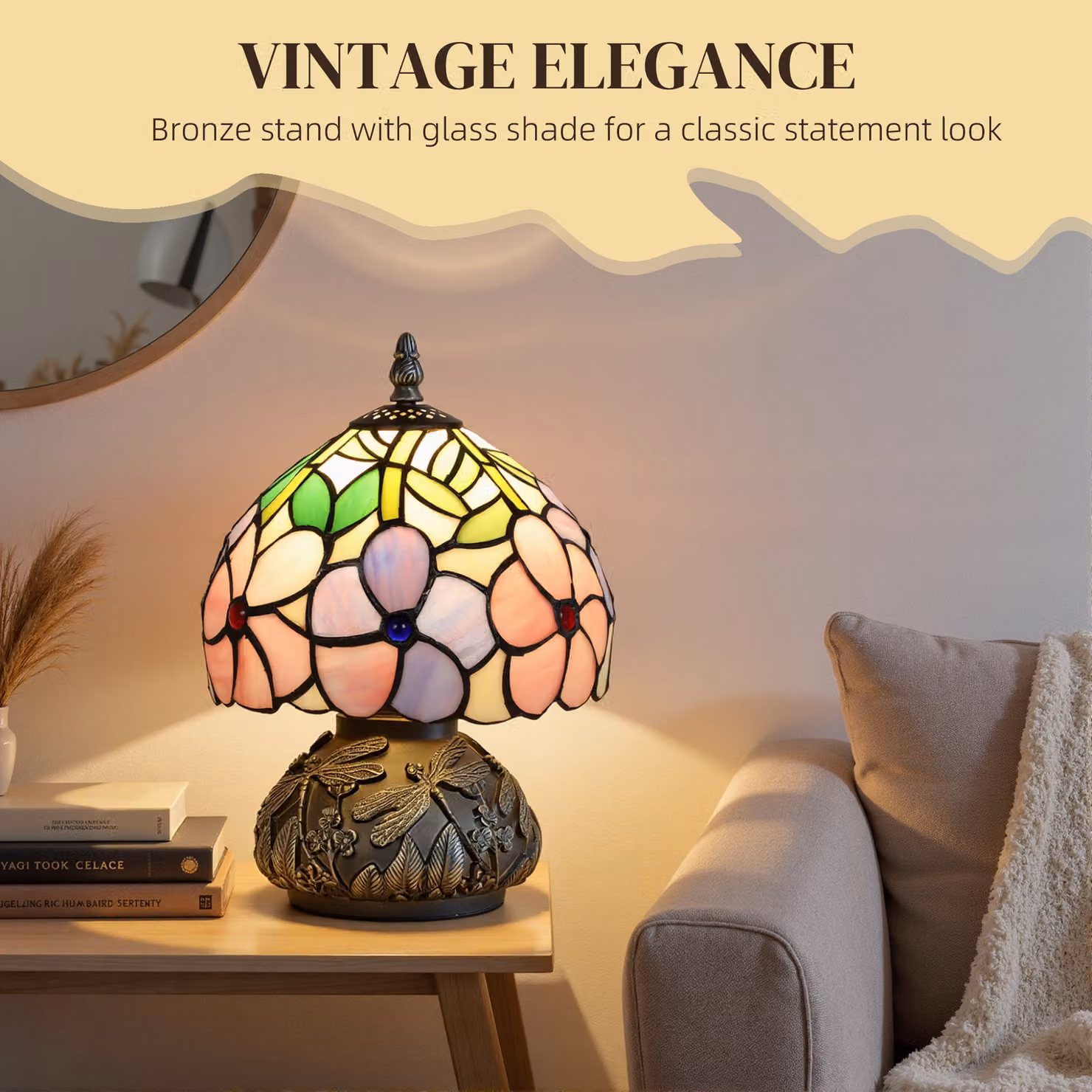 HOMCOM Tiffany-Style Table Lamp with Sculpted Dragonfly Base, Handcrafted Antique Stained Glass Bedside Lamp for Living Room and Bedroom, E27 Socket, Pink and Multicolour – 4
