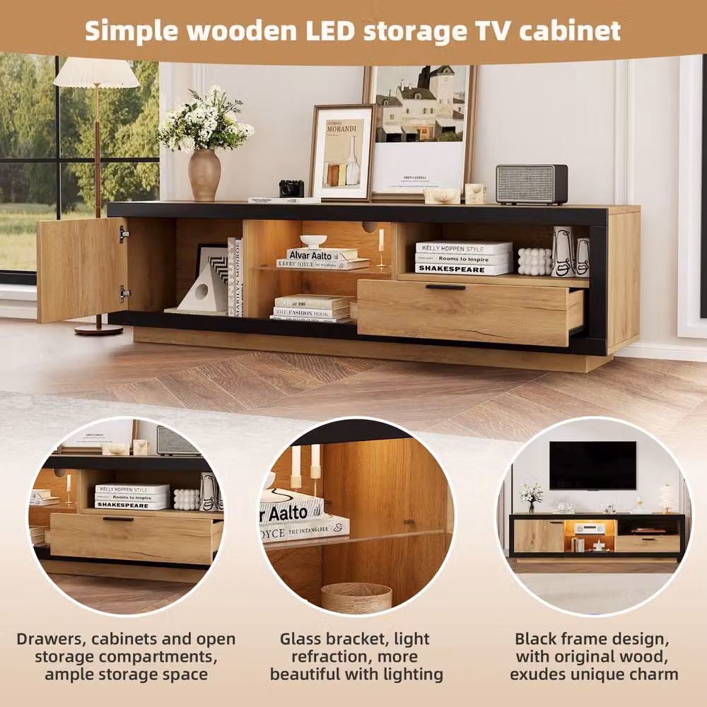 BTM Modern LED TV Stand with Drawer, Door and Open Shelves in Brown and Black, W/D/H: 160 x 40 x 50 cm – 3