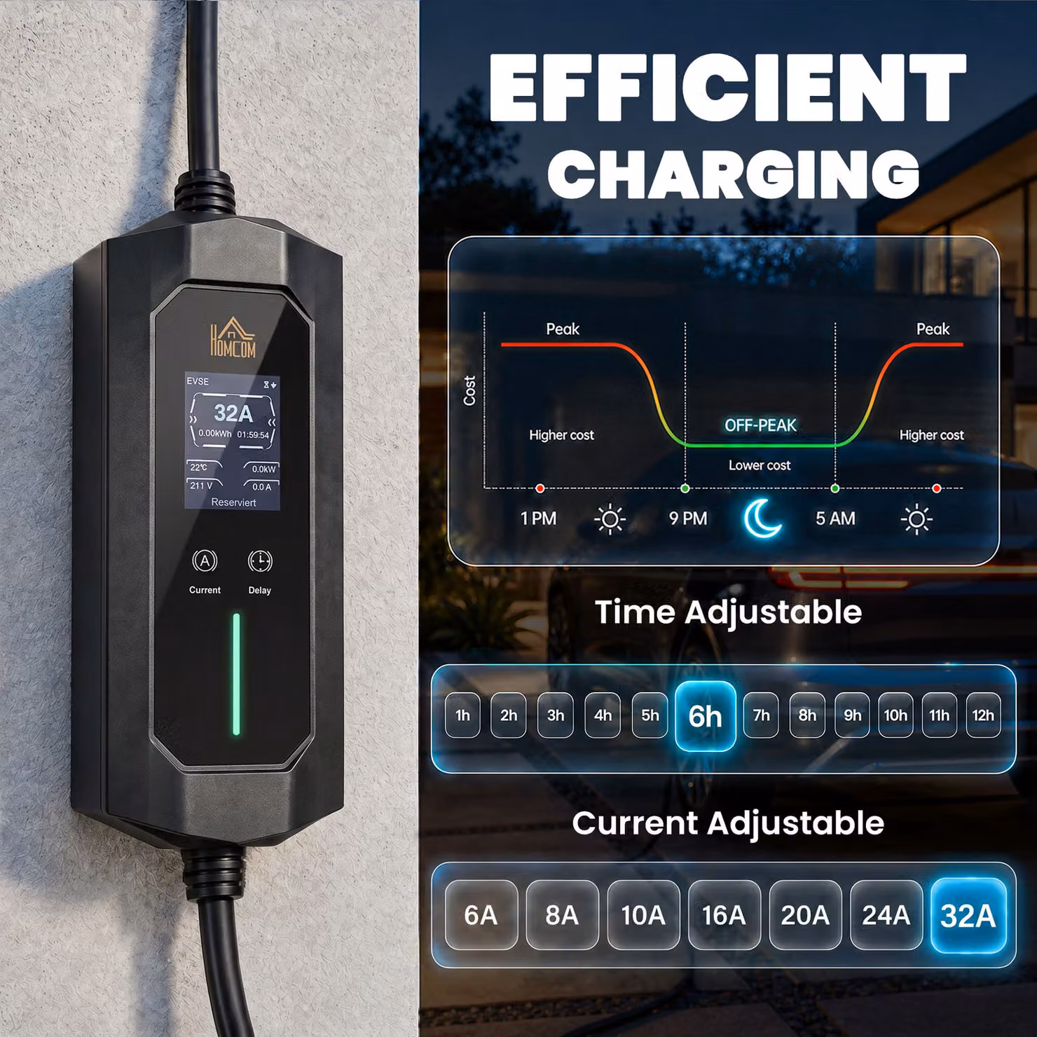 HOMCOM 7kW Type 2 Electric Car Charger with CEE 32A Plug, UK Adapter and 10 m Cable, Black – 5