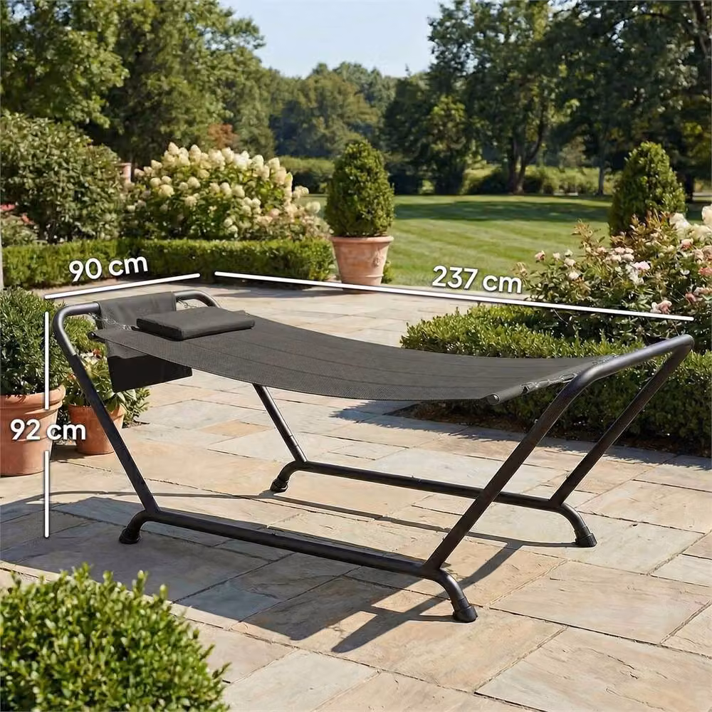 Nordara Freestanding Outdoor Hammock with Stand and Headrest Pocket in Dark Grey – 2