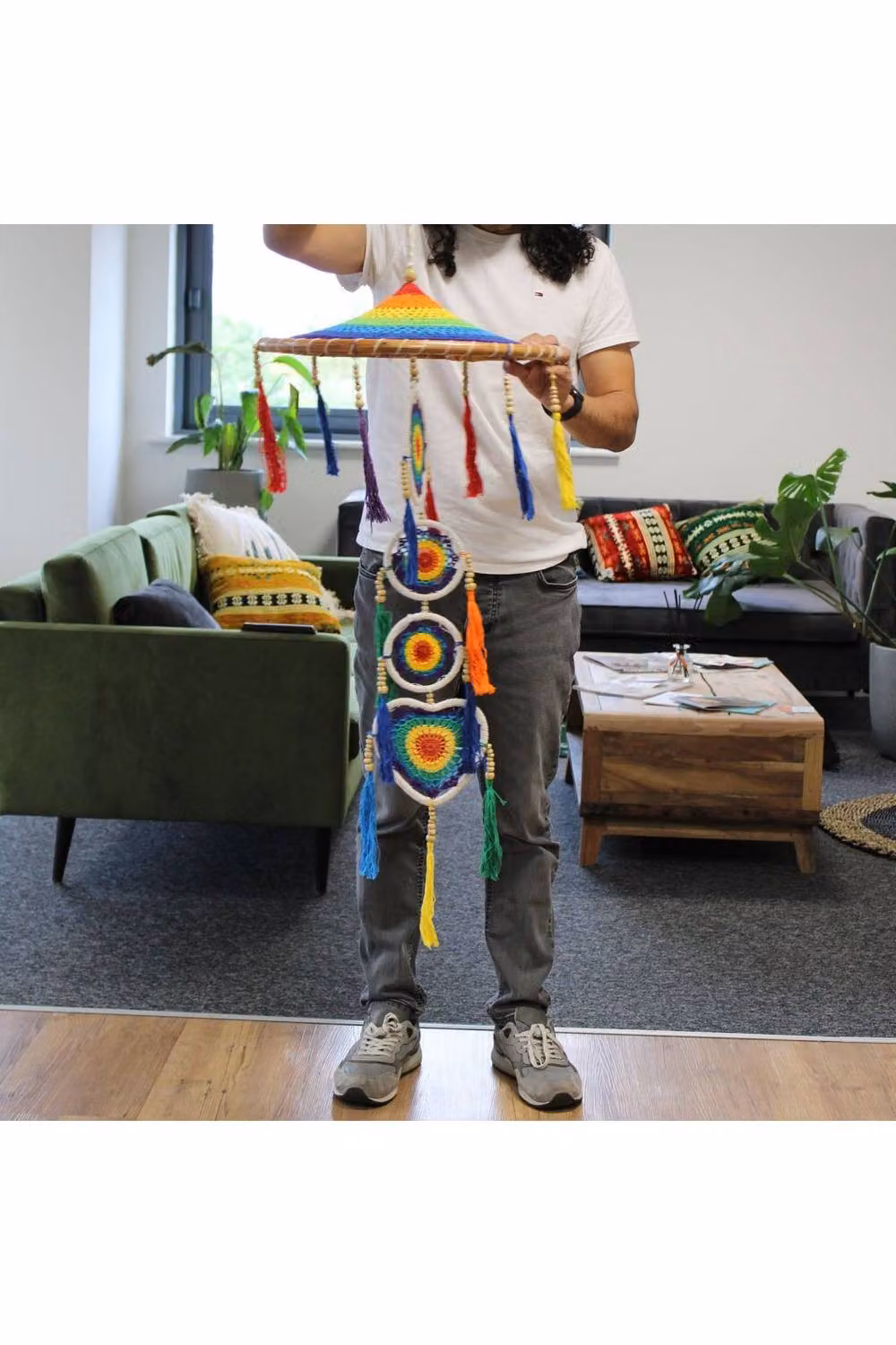 KDMD Vivid Rainbow Large Dreamcatcher Inspired by Bali Temple Umbrella, Multicolour Geometric Mandala Hanging Textile Decor – 3