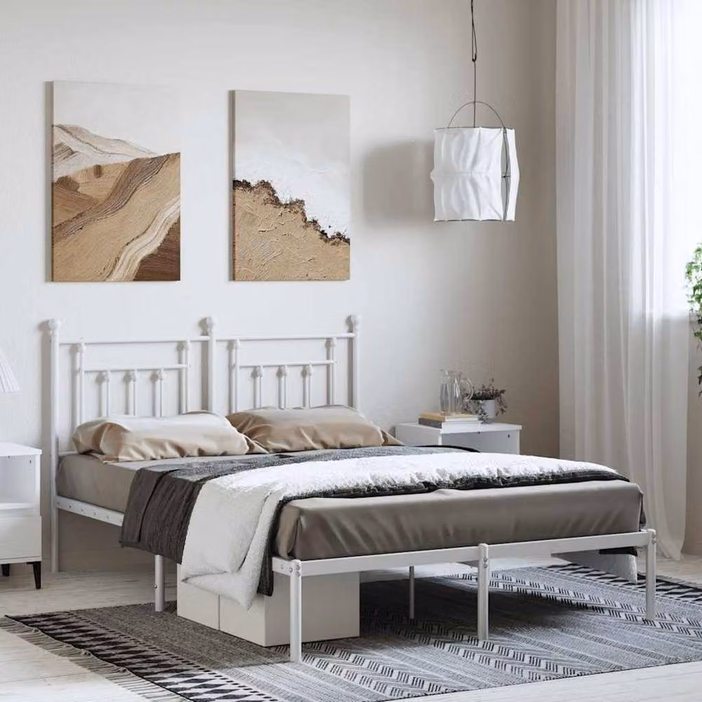 Berkfield Home Metal Bed Frame with Headboard in White, W/D/H: 150 x 200 cm, King Size – 2