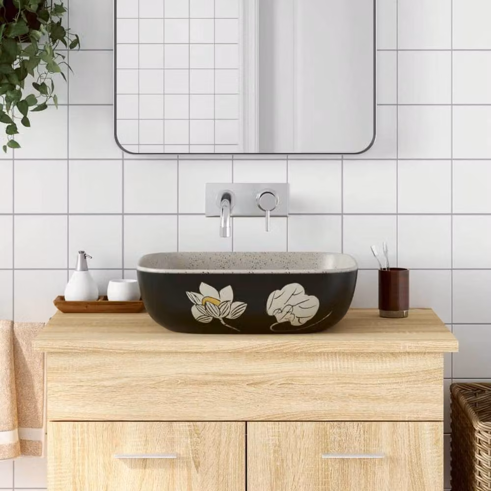 Berkfield Home Rectangular Ceramic Countertop Basin in Grey and Black, W: 48 cm, D: 37.5 cm, H: 13.5 cm – 2