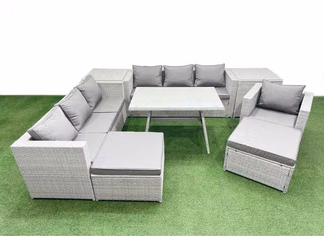 Fimous 9-Seater Modern Outdoor Rattan Garden Furniture Set with Grey Fabric and Glass Tabletop