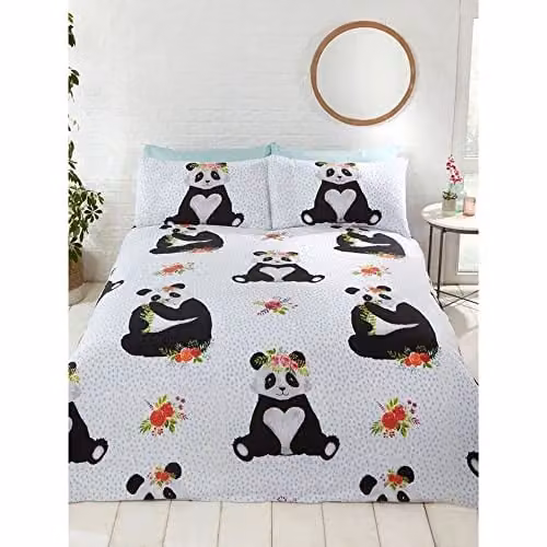 Rapport Home Panda Polycotton Duvet Cover and Pillowcase Set in White and Blue, W/D/H: 200 x 200 cm and 50 x 75 cm