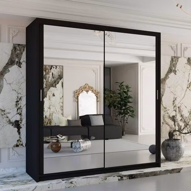 Sliding Wardrobes 4U Double Mirror Sliding Wardrobe with LED Light, Black, W: 203 cm, H: 217 cm, D: 62 cm – 1