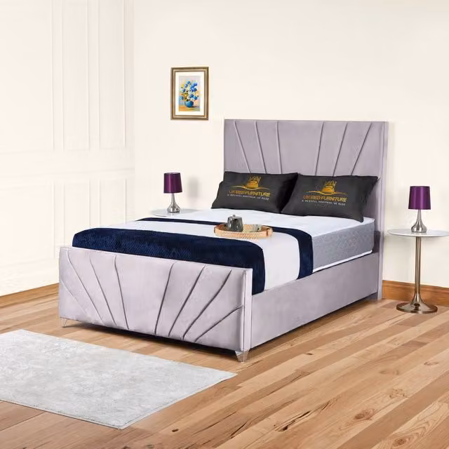 UK Bed Furniture Sunrise Silver Velvet Upholstered Slatted Base Bed with 48 Inch Headboard, Size: Super King (200 x 200 cm) – 1