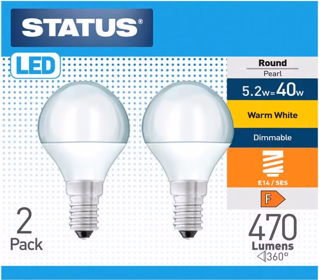 Pack of Two 5.5W Dimmable Warm White LED Round SES E14 Bulbs