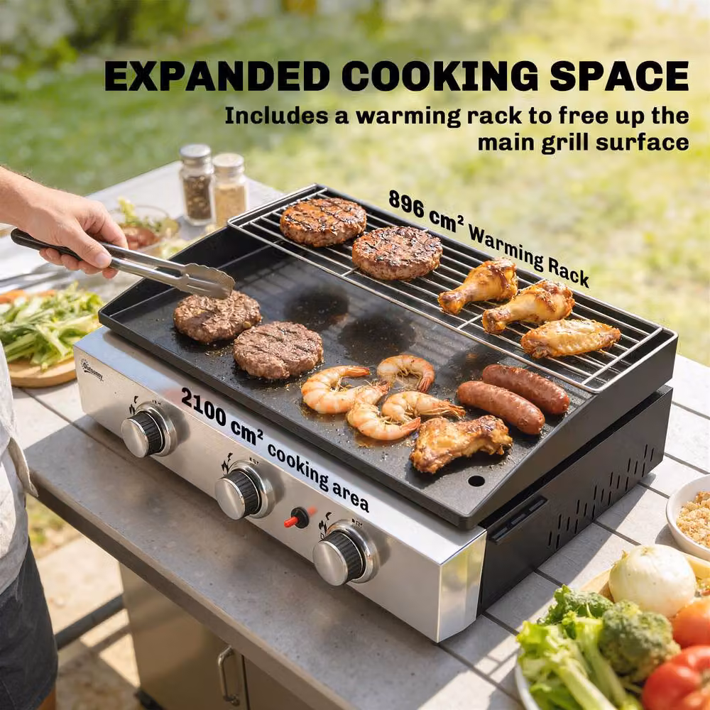 OUTSUNNY 3 Burner Tabletop Gas BBQ Grill Griddle with Warming Rack, Black – 5