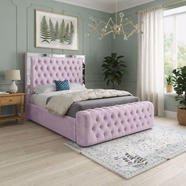 KDMD Redesdale Mirror Upholstered Designer Bed Frame in Pink Soft Velvet, Size: 140 x 200 cm