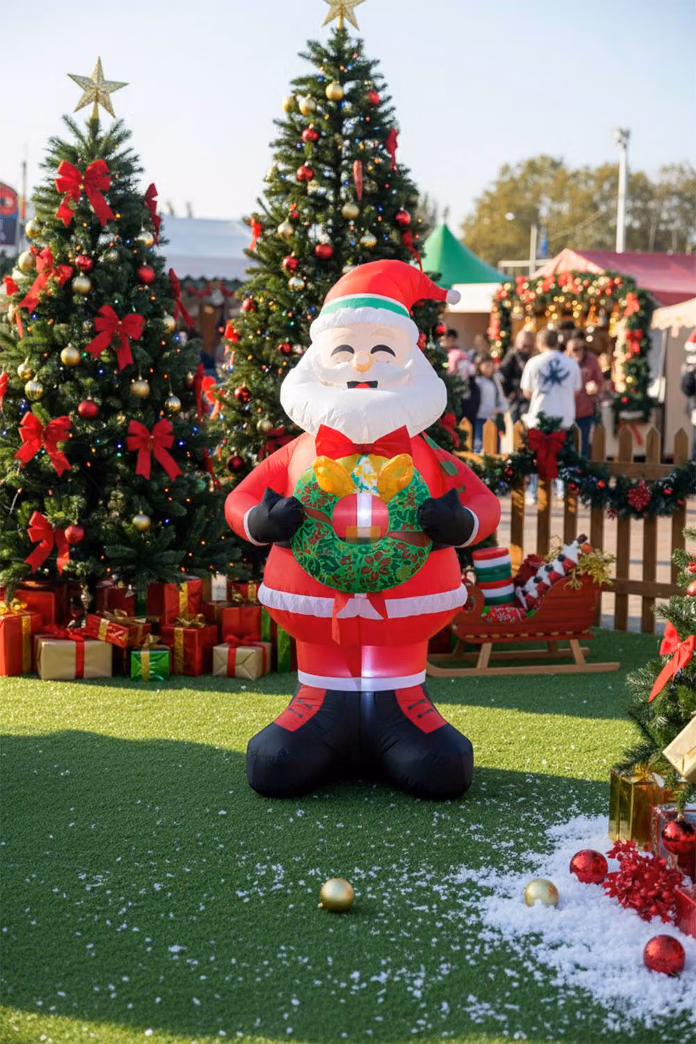 Garden Sanctuary Multicolour Inflatable Santa with Wreath and LED Lights, Height: 2.4 m – 3