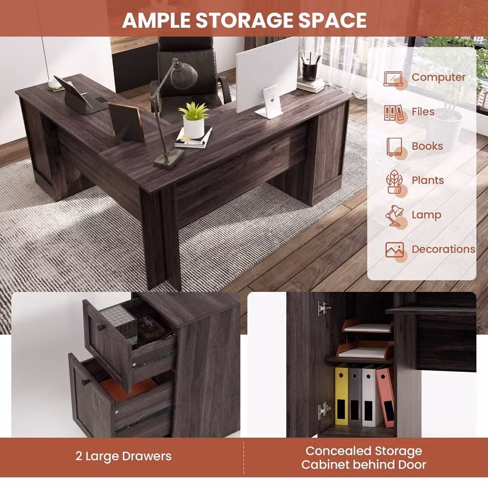 Costway L-Shaped Corner Computer Desk Study Workstation with Cabinet and Drawers in Dark Brown – 6
