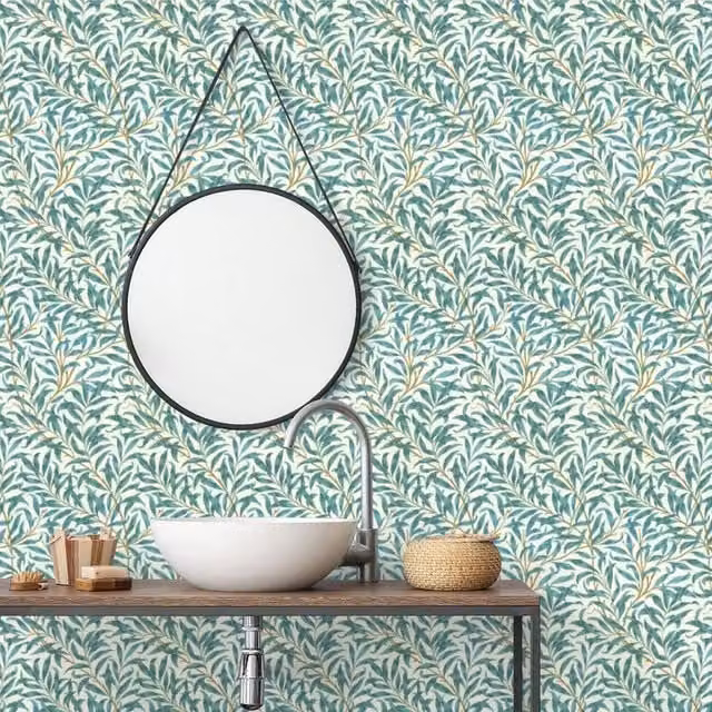 Clarke Clarke Willow Bough Leaf Botanical Floral Wallpaper in Petrol Teal