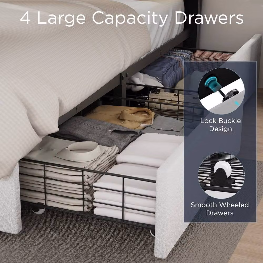 FORGEVIO Upholstered Storage Bed Frame with Drawers in White – 3