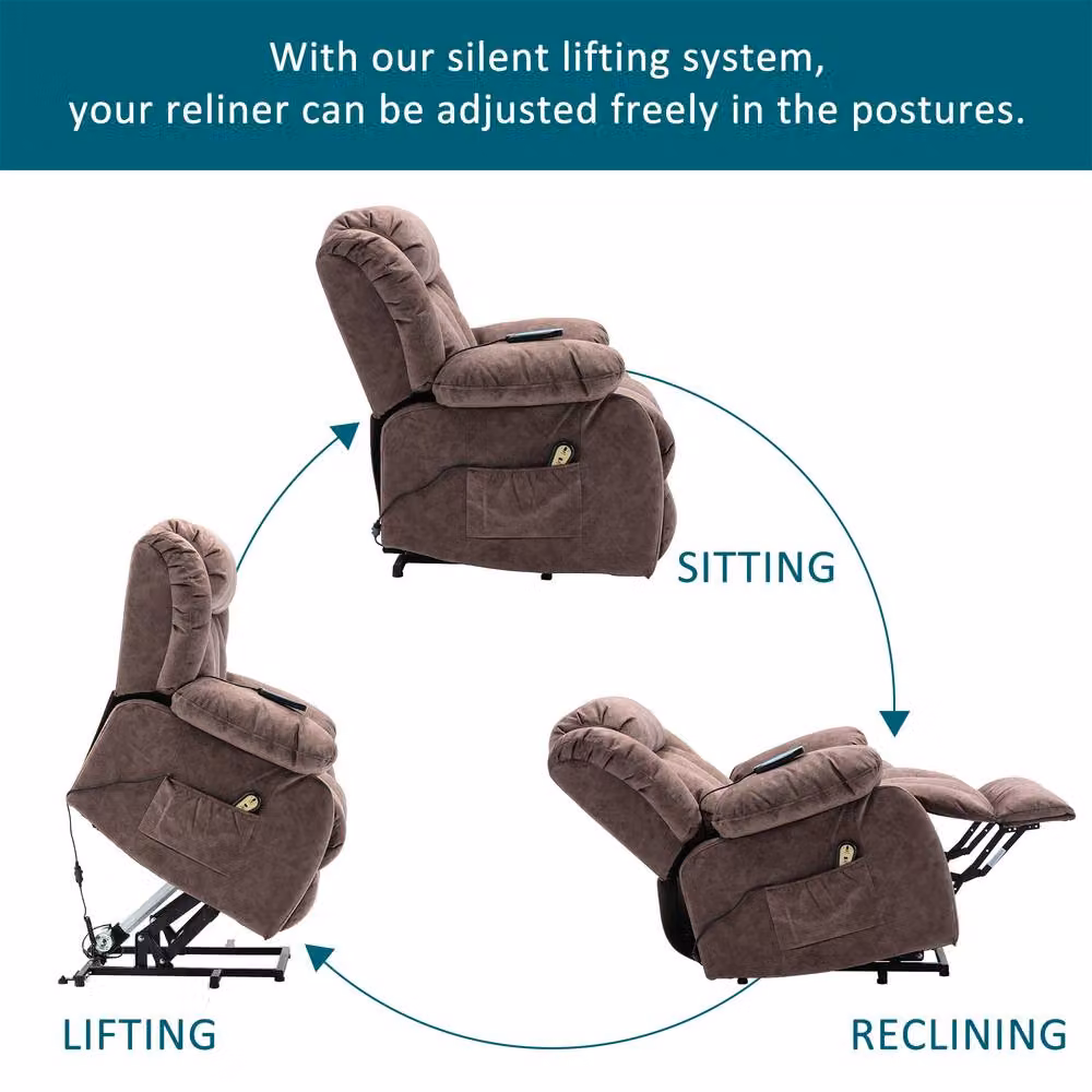 Merax Power Lift Recliner Chair with 8-Point Vibration Massage and Lumbar Heat in Brown Microfibre Fabric – 4