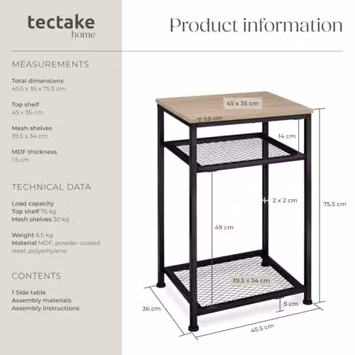 tectake Industrial 3-Tier Side Table with Metal Frame and MDF Laminate Shelves in Black and Brown, W/D/H: 45.5 x 36.0 x 75.5 cm – 3