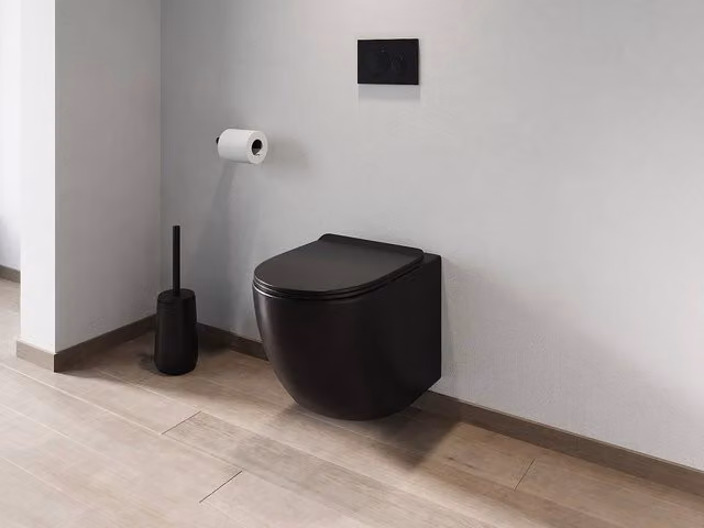 Vente-unique Rimless Matt Black Ceramic Wall-Hung WC with Soft Close Seat W/D/H: 53.5 x 36 x 30 cm – 1