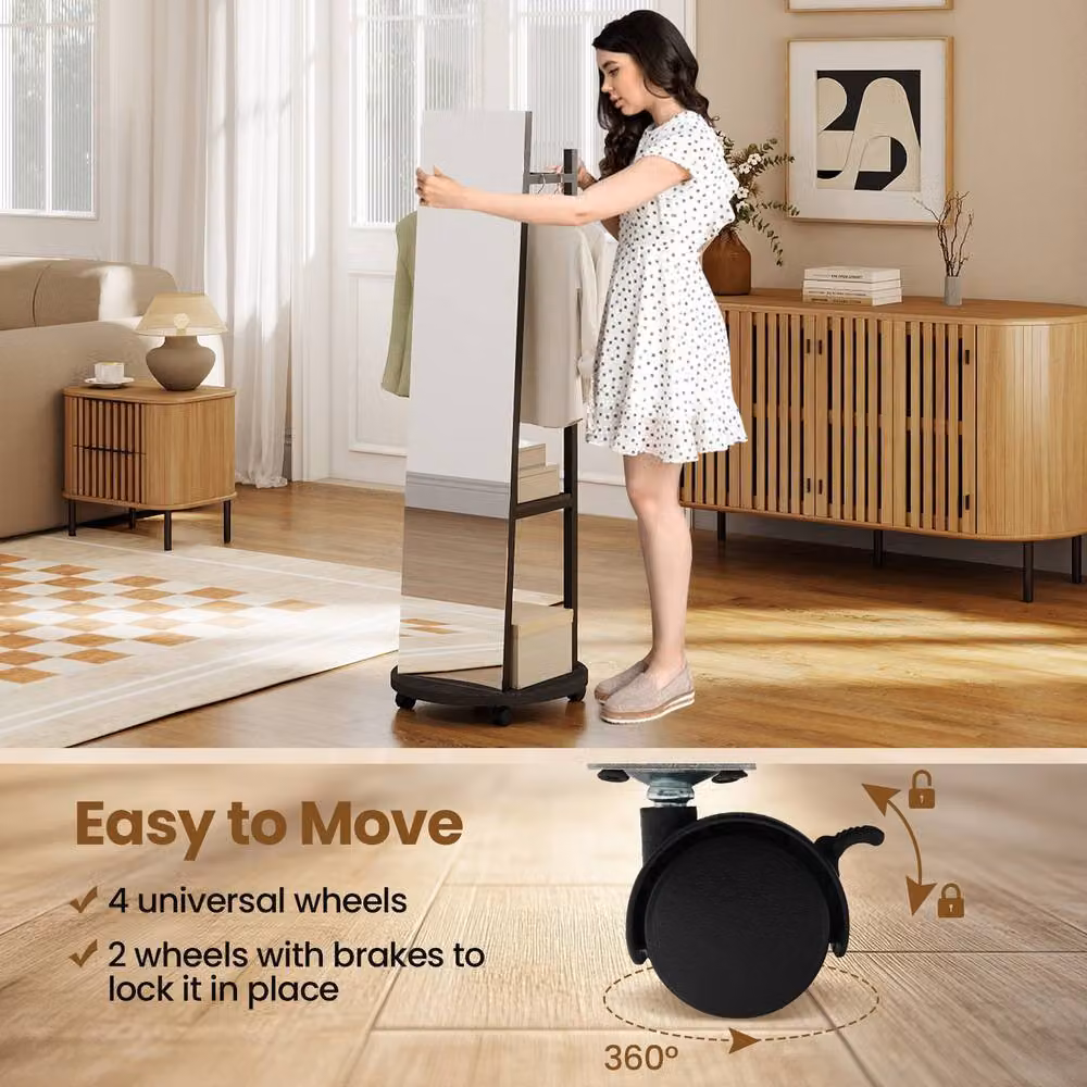 Costway Coat Rack with Full Length Mirror, Black Post Tree with 3 Hooks and Storage Shelves – 4