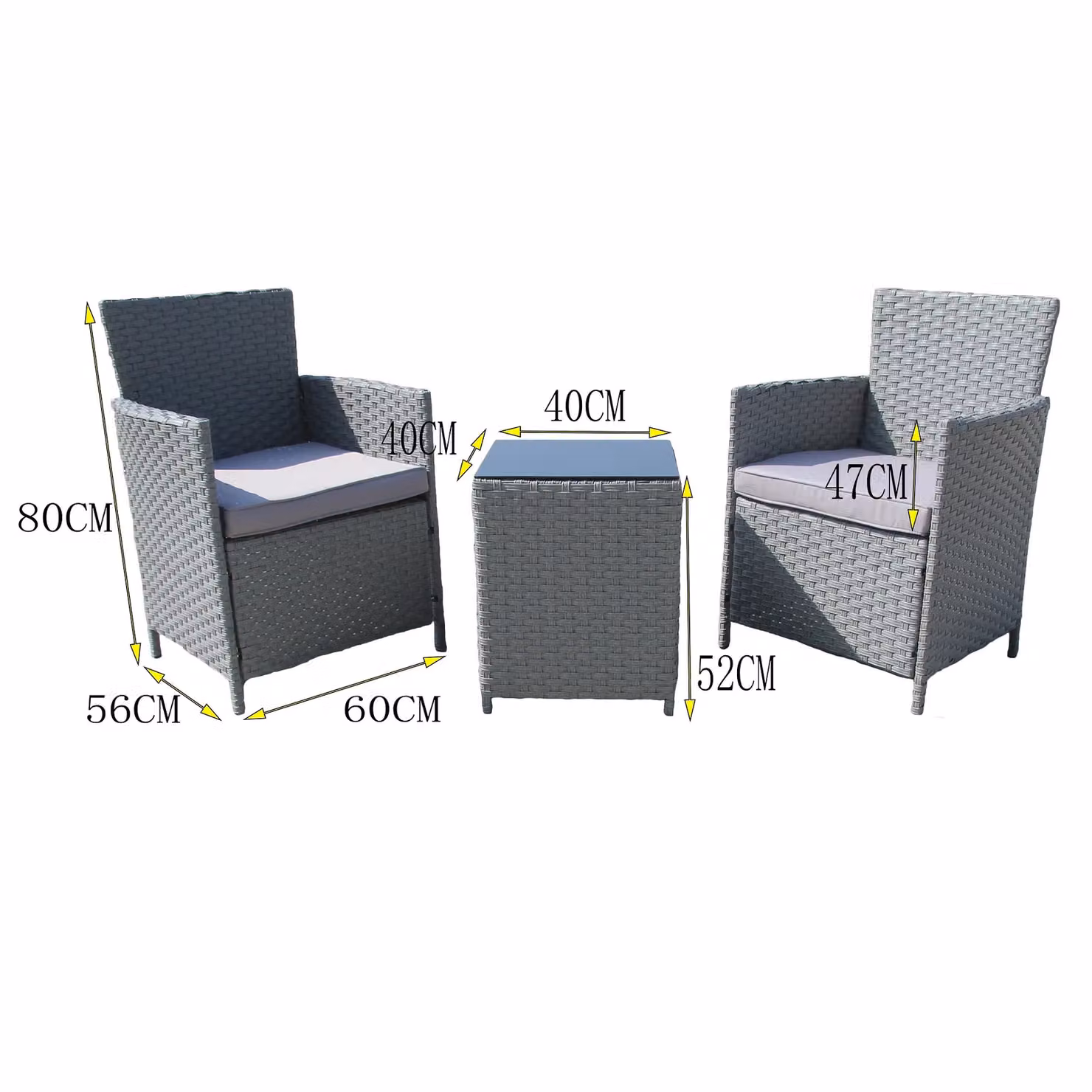 FURNITURE ONE 3 Piece Rattan Garden Bistro Set with Grey Cushions and Glass Tabletop – 3