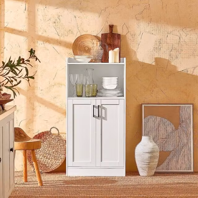 SoBuy Modern White Lacquered MDF Microwave Cabinet with Hinged Doors and Internal Shelves