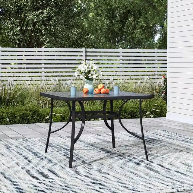 Breeins Modern Square Garden Table with Glossy Black Tempered Glass Top