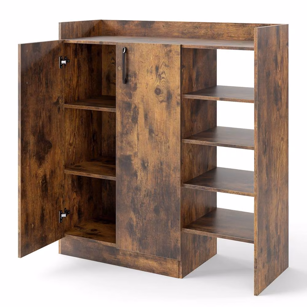 Costway Industrial Wooden Shoe Cabinet with 4 Open Shelves and Hinged Doors in Brown – 7