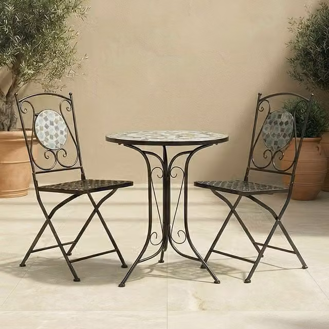 Charles Bentley 3 Piece Blue Mosaic Garden Dining Set with Round Table and 2 Folding Chairs, W/D/H: 60 x 60 x 91 cm