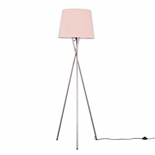 MiniSun Modern Brushed Chrome Floor Lamp with Pink Fabric Tapered Shade and Warm White LED Bulb