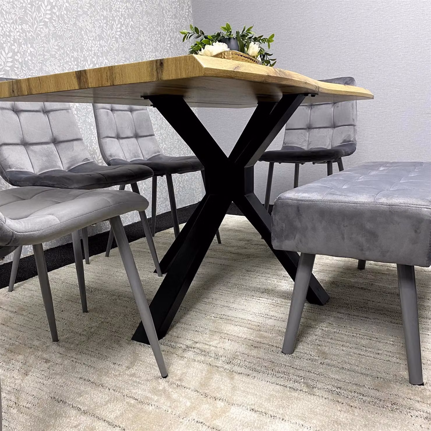 KOSY KOALA Brown Wooden Dining Set with 2 Grey Velvet Chairs and Padded Bench – 4