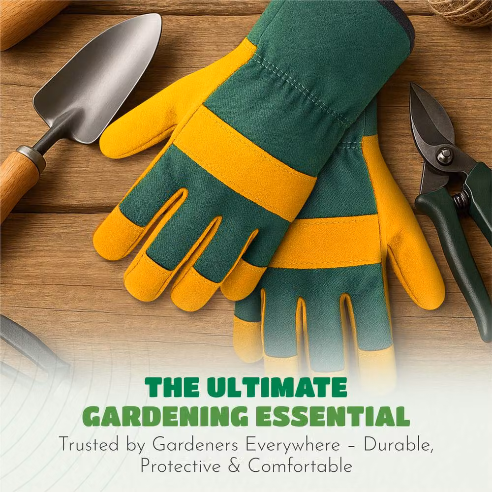 Keplin Premium Cowhide Leather and Fabric Gardening Gloves for Men and Women, Thorn and Puncture Resistant, Yellow and Green, Multicolour – 7
