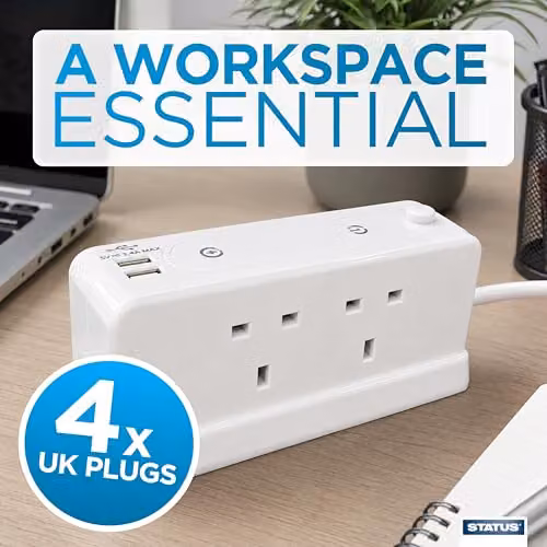 Status 4-Socket Extension Lead with 2 USB Ports and On-Off Switch, White – 2