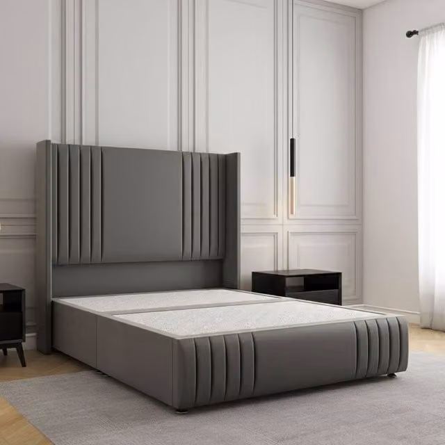 Regional Furnishings Small Double Plush Velvet Divan Bed with 54 inch Headboard and Footboard in Grey, W/D/H: 120 x 200 cm