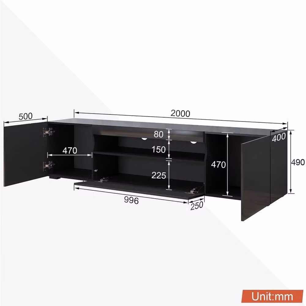 FORGEVIO Modern High Gloss Black TV Stand Cabinet Unit, 200 cm – 2