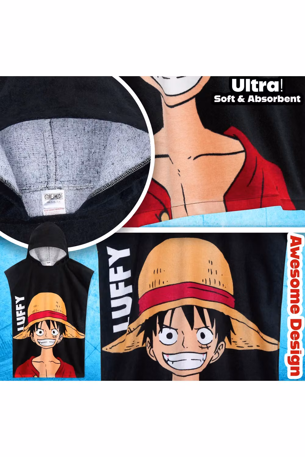 Get Trend One Piece Hooded Cotton Towel Poncho for Kids and Teens, Black – 10