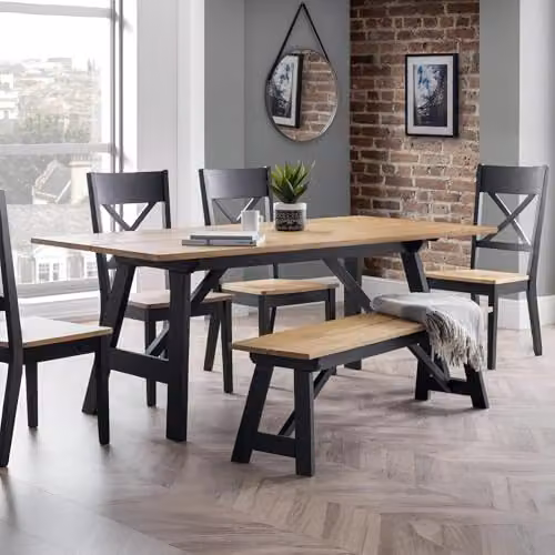 Julian Bowen Hockley Rectangular Trestle Dining Table in Black and Oak, W/D/H: 190 x 73.5 x 75 cm