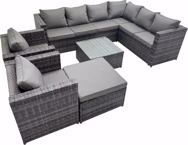 Fimous 9-Seater L-Shape Outdoor Rattan Sofa Set with Upholstered Cushions and Square Tempered Glass Table in Dark Grey