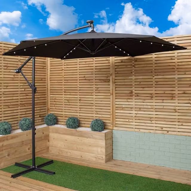 Samuel Alexander 3m Solar Powered Cantilever Banana Garden Parasol with Crank Handle and White LED Lights in Black