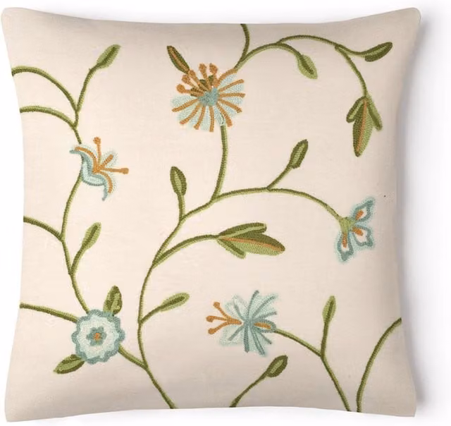 Velosso Floral Embroidered Square Cushion in Green, Blue and White, W/D/H: 43 x 43 x 43 cm