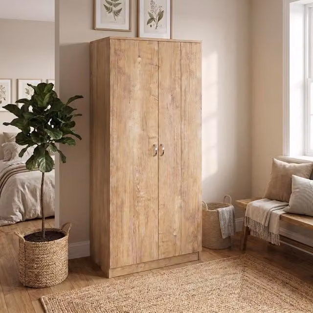FWStyle Promo Oak 2 Door Double Wardrobe in Brown with Internal Shelves and Hanging Rod