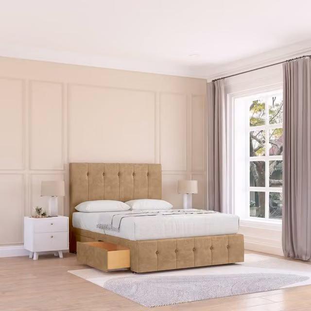 Sloomy Cambridge Divan Bed Base with 54 inch Floor Standing Headboard and 12 inch Footboard, Brown Fabric, W/D/H: 200 x 200 cm