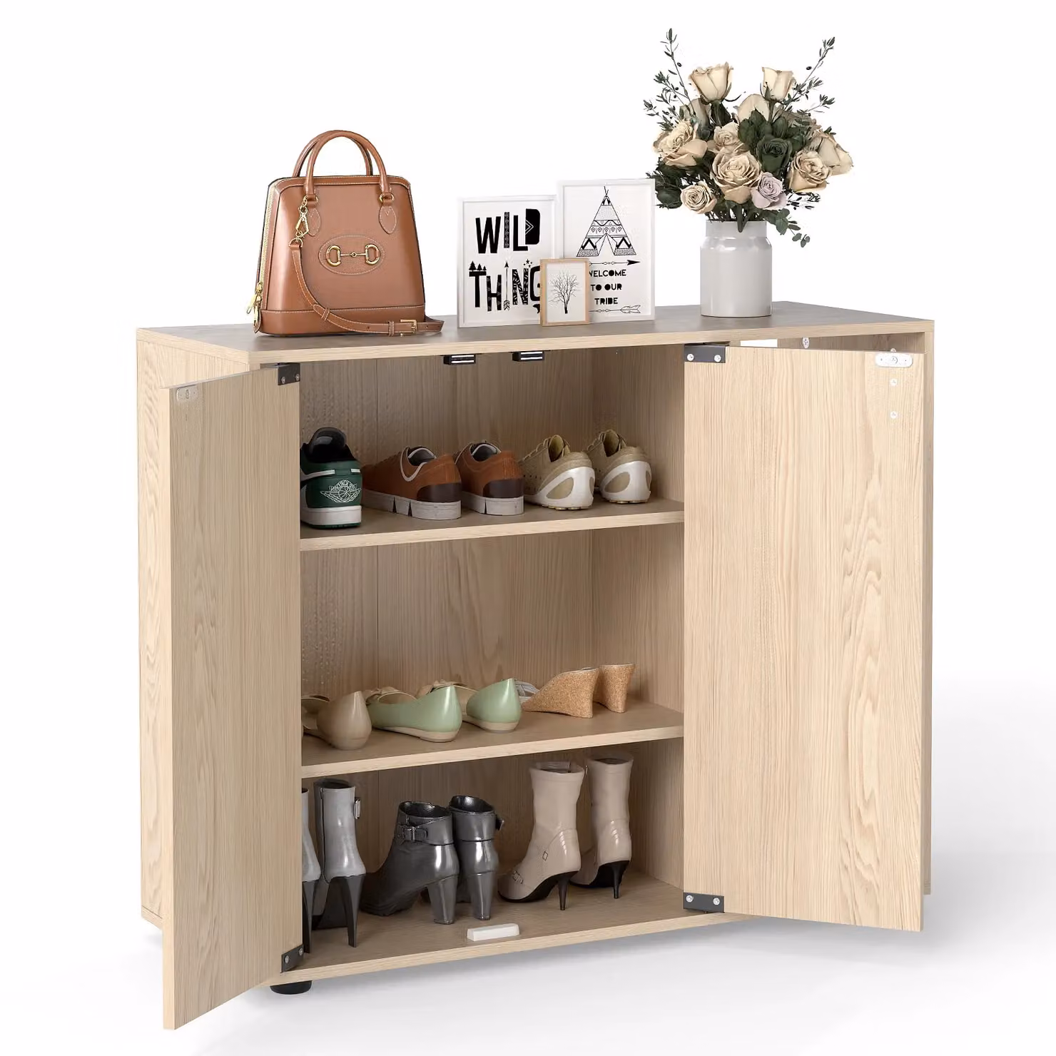 Costway 3-Tier Wood Shoe Storage Cabinet with Hinged Doors in Beige – 3