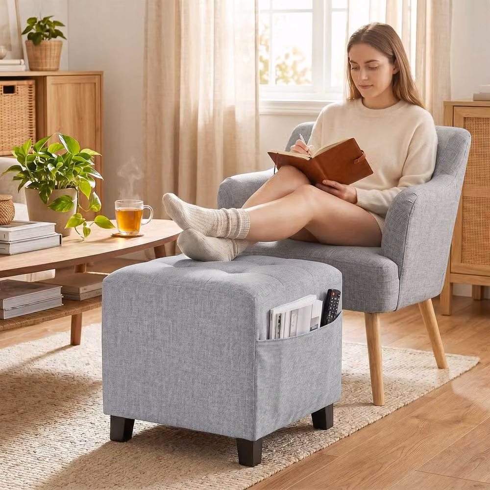 KORVIXA Light Grey Fabric Cube Ottoman with Rubberwood Legs, W/D/H: 100 x 100 x 100 cm – 2
