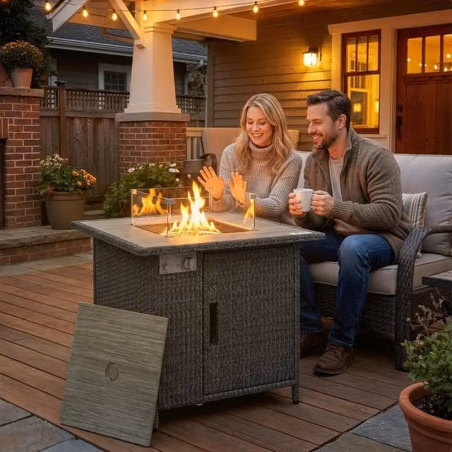 OUTSUNNY Grey Polyrattan Gas Fire Pit Table with Glass Top and Weather Cover, W/D/H: 142 x 71 x 62 cm – 1