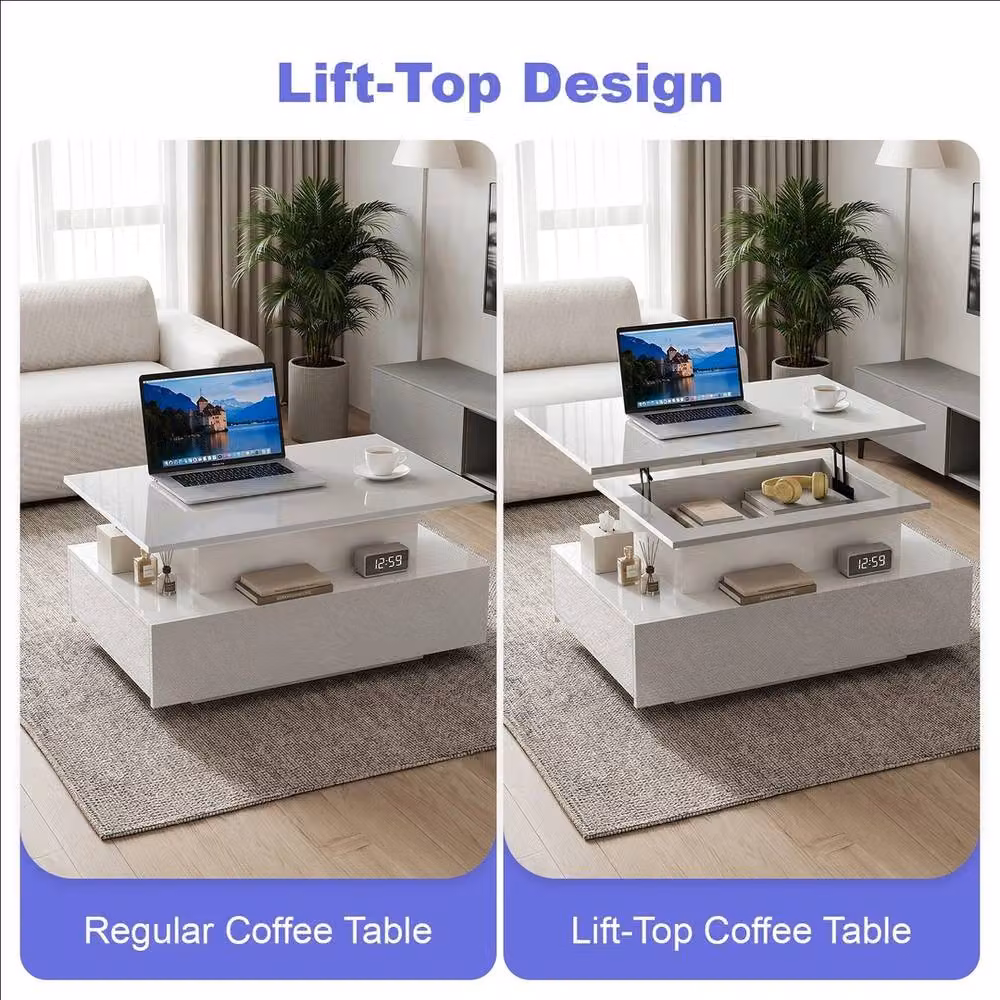 FORGEVIO Glossy White Lift Storage Table with 2 Drawers and Height Adjustable Mechanism – 3