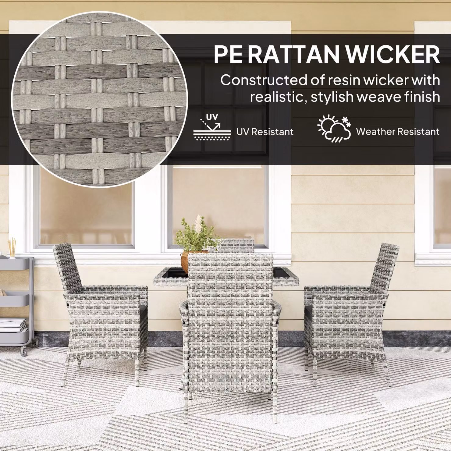 Outsunny Rattan Garden Furniture Set in Mixed-Grey with 4 Armchairs, Square Tempered Glass Top Dining Table and Weather-Resistant Cushions – 4