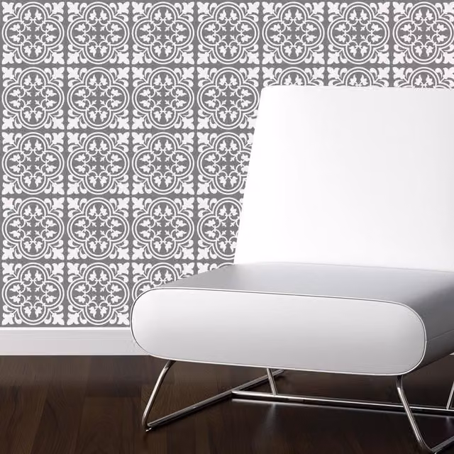 Walplus Adhesive Floral Wall Tile Stickers in White and Grey, 24 Pack