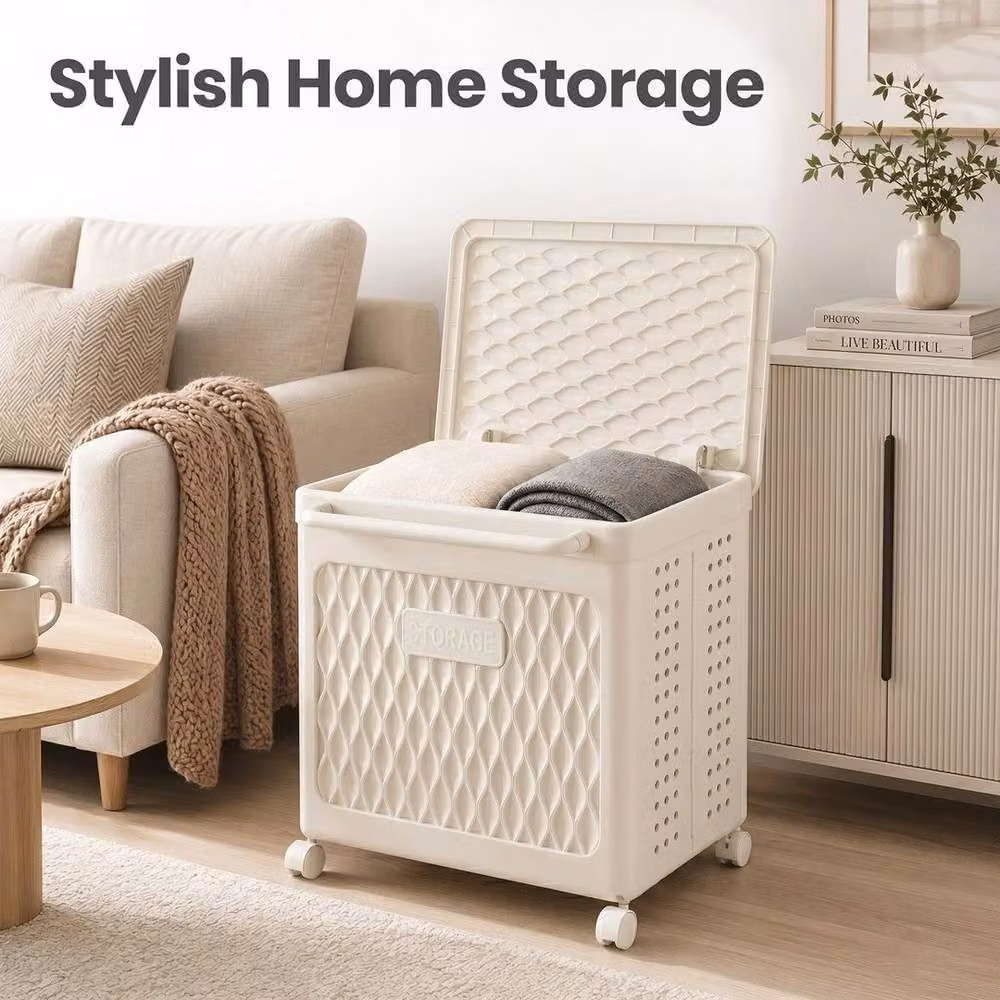 Kelvenix White Double Laundry Basket with Lid and Wheels – 2