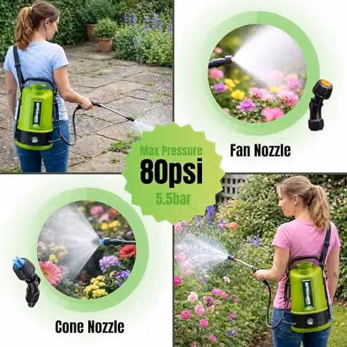 Pro-Kleen Cordless Battery Powered Knapsack Sprayer, 5L Green and Black Backpack Sprayer with 12V Rechargeable Battery, 80 PSI, 2 Nozzles and 38.1 inch Telescopic Wand for Garden and Lawn Care – 3