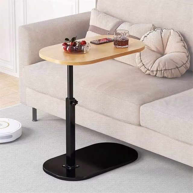 FORGEVIO Height Adjustable Side Table with 360 Degree Swivel Top in Light Oak, W: 40 cm, D: 40 cm, H: 80 cm
